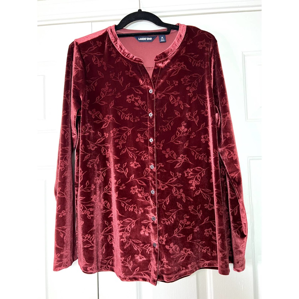 Land's End Women's Maroon Crushed Velvet Floral Button Up Shirt